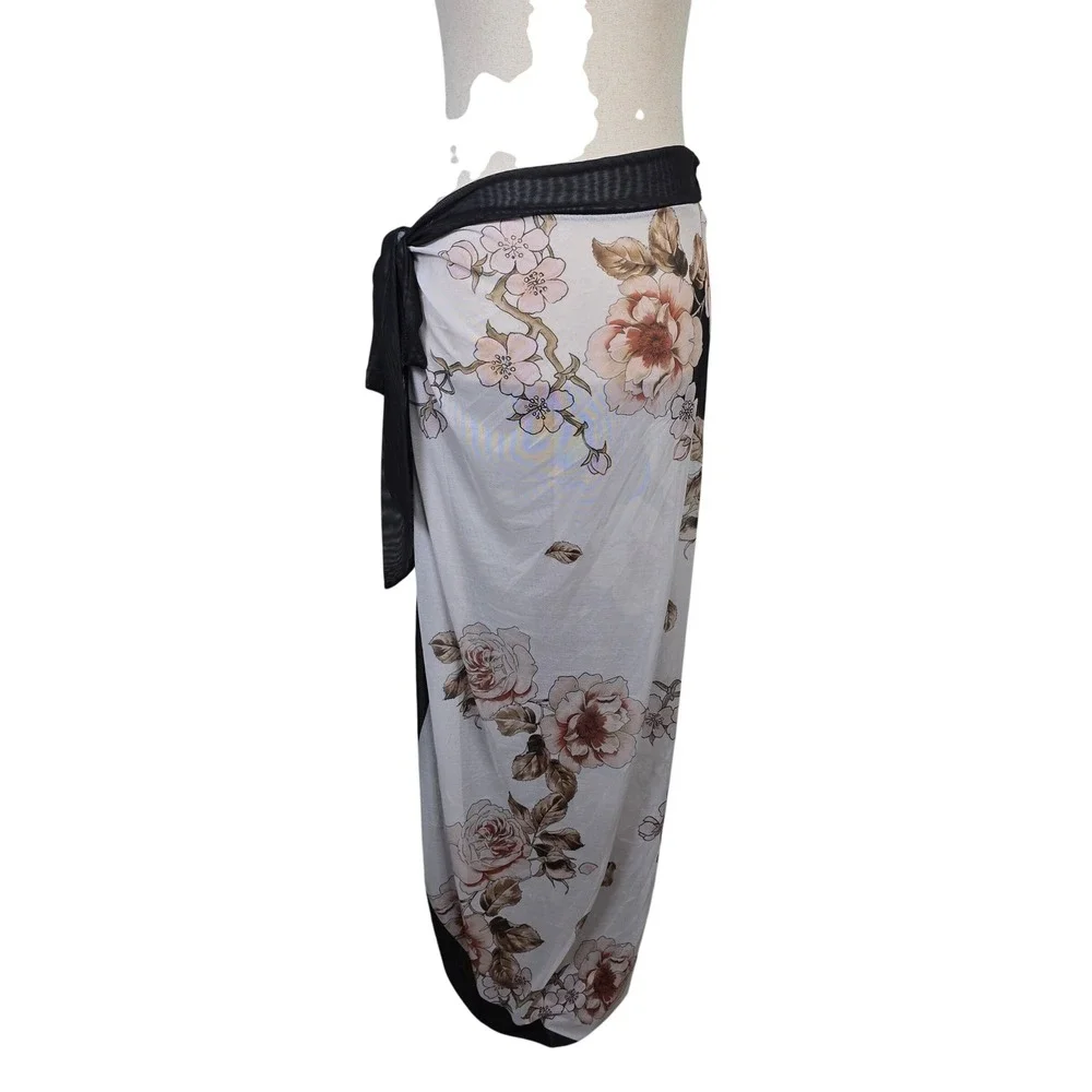 Womens Floral Mesh Sarong Wrap Skirt Swimsuit Cover Up Black White Large Long - Picture 1 of 4